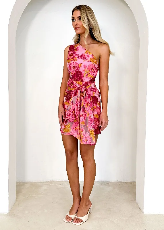 Danney One Shoulder Dress - Pink Jacquard