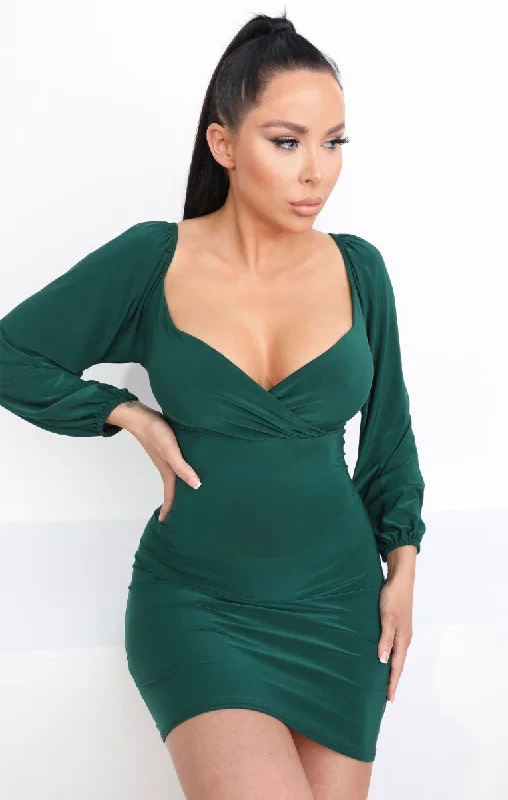 Emerald Slinky Balloon Sleeve Bardot Mini Dress - Meghan