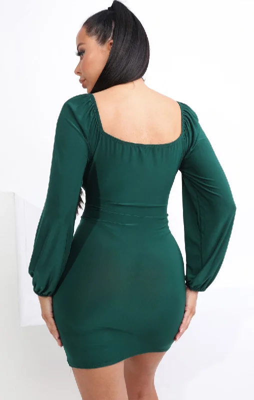 Emerald Slinky Balloon Sleeve Bardot Mini Dress - Meghan