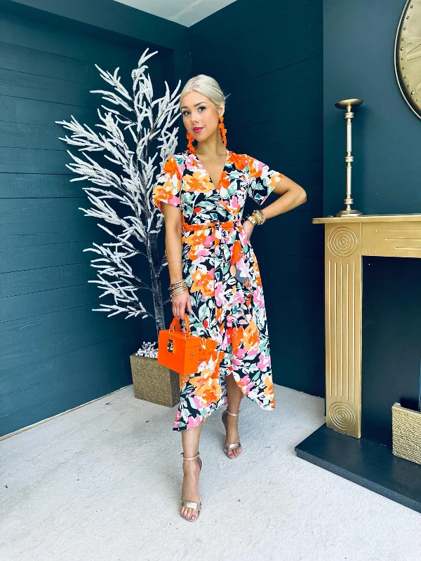 Farrah Split Hem Frill Detail Maxi Dress Floral Orange