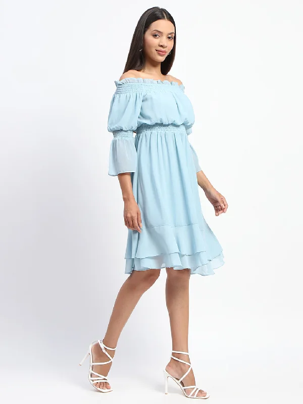 Madame Gathered Waist Off Shoulder Aqua Dress