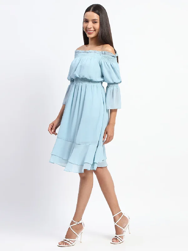 Madame Gathered Waist Off Shoulder Aqua Dress