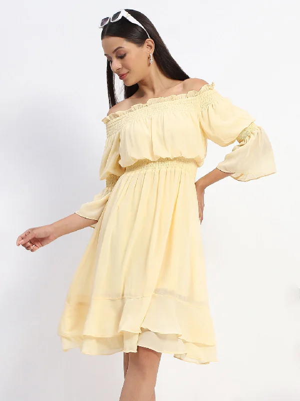 Madame Gathered Waist Off Shoulder Yellow Dress