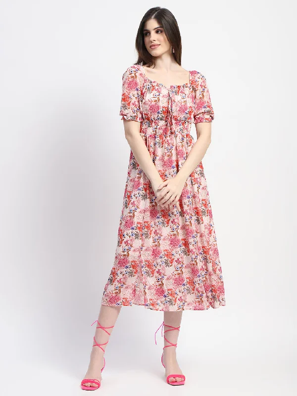 Madame Floral Print Cinch Waist Pink Midi Dress