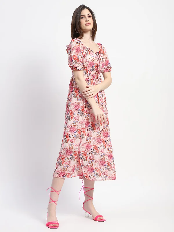 Madame Floral Print Cinch Waist Pink Midi Dress