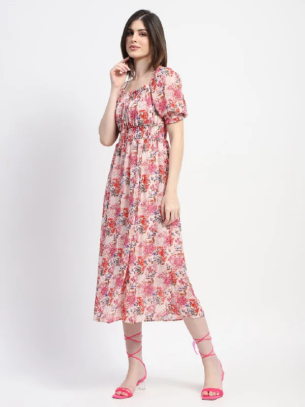 Madame Floral Print Cinch Waist Pink Midi Dress