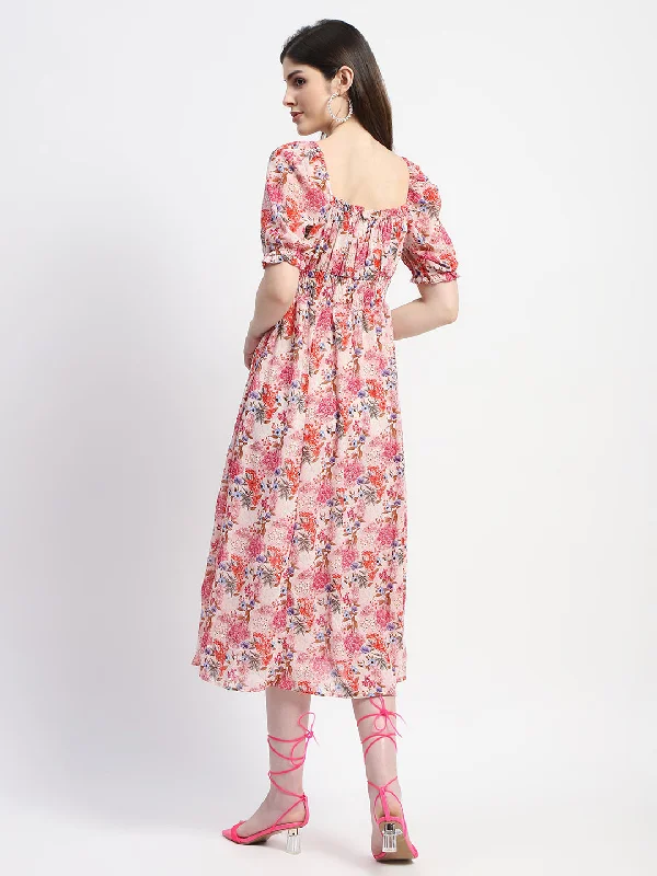 Madame Floral Print Cinch Waist Pink Midi Dress