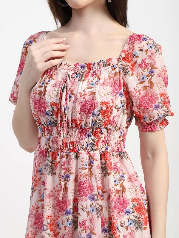 Madame Floral Print Cinch Waist Pink Midi Dress