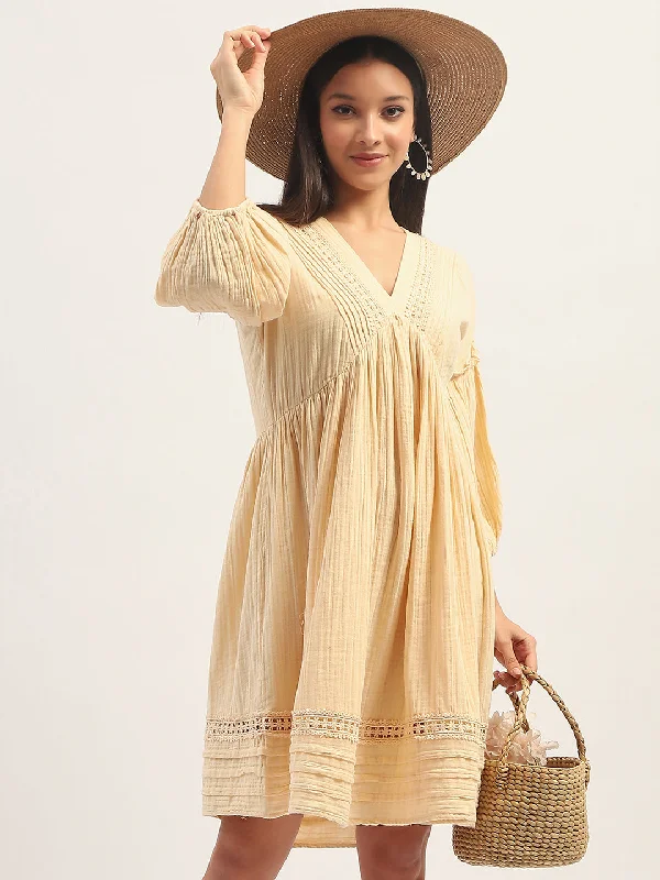 Madame Puff Sleeve Fit And Flare Cotton Beige Midi Dress