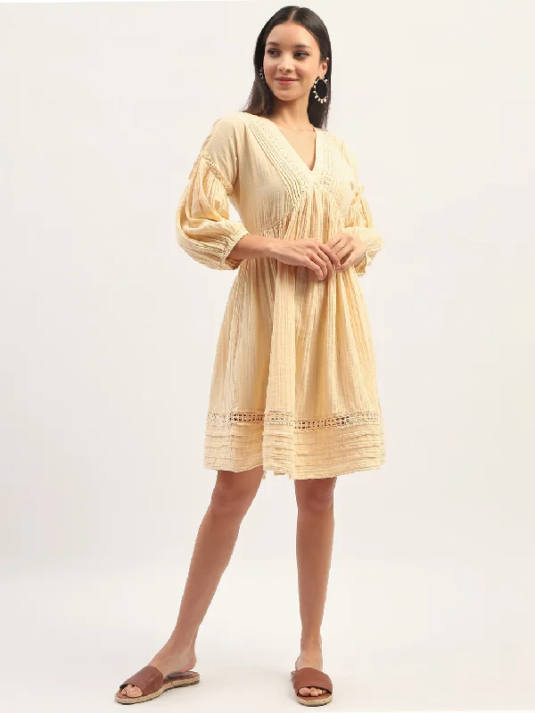 Madame Puff Sleeve Fit And Flare Cotton Beige Midi Dress