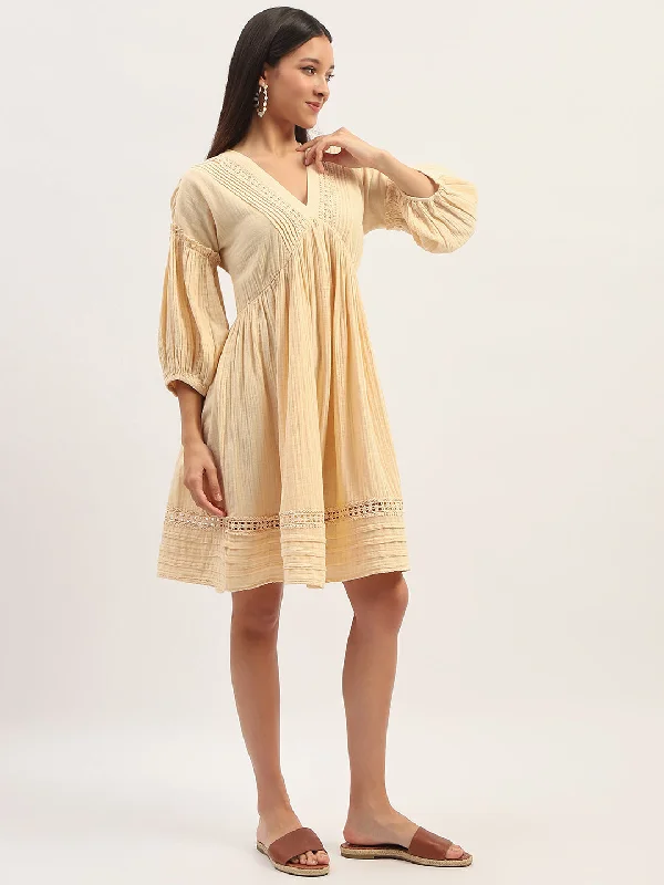 Madame Puff Sleeve Fit And Flare Cotton Beige Midi Dress