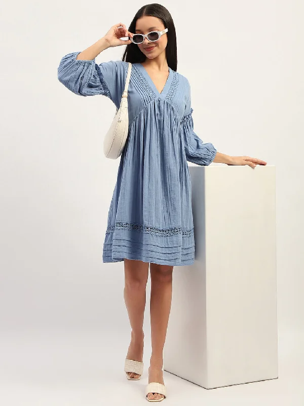 Madame Puff Sleeve Fit And Flare Cotton Blue  Midi Dress