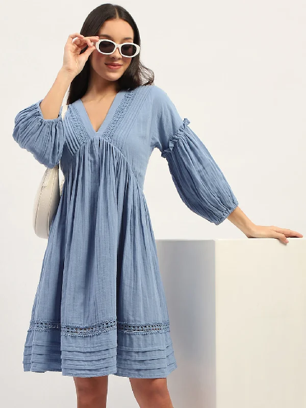 Madame Puff Sleeve Fit And Flare Cotton Blue  Midi Dress