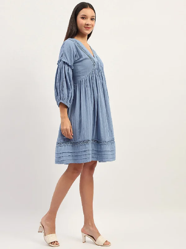 Madame Puff Sleeve Fit And Flare Cotton Blue  Midi Dress