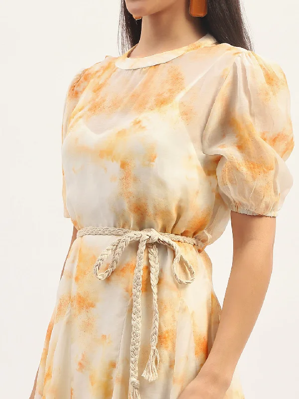 Madame Tie Dye Belted  Orange Rayon Blend Mini Dress