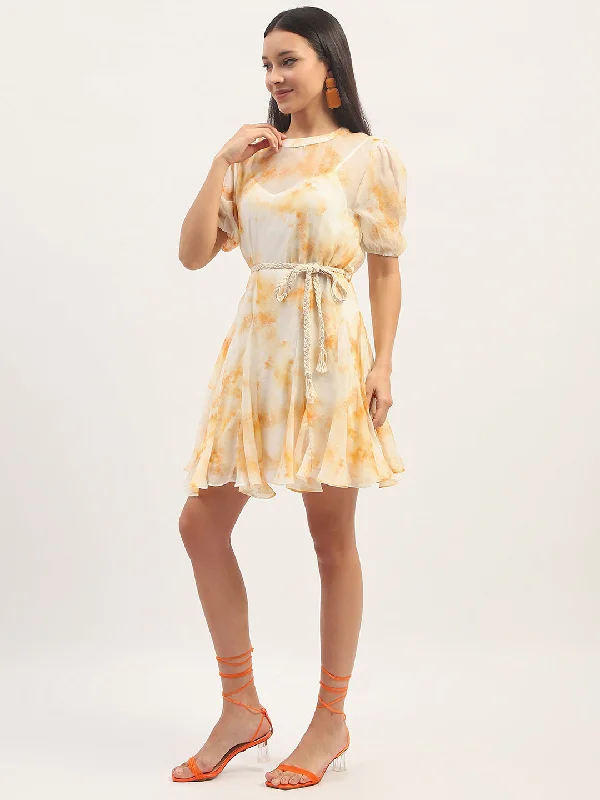 Madame Tie Dye Belted  Orange Rayon Blend Mini Dress