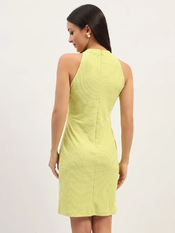 Madame Typography Printed Back Zip Neon Green Bodycon Dress