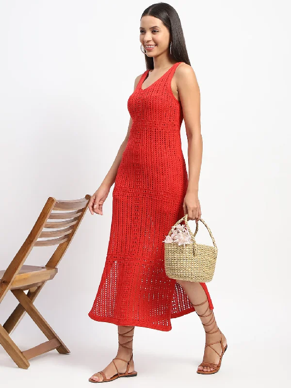 Madame V Neck Crochet Red Cotton Knitted Dress