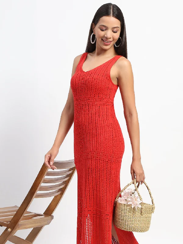 Madame V Neck Crochet Red Cotton Knitted Dress