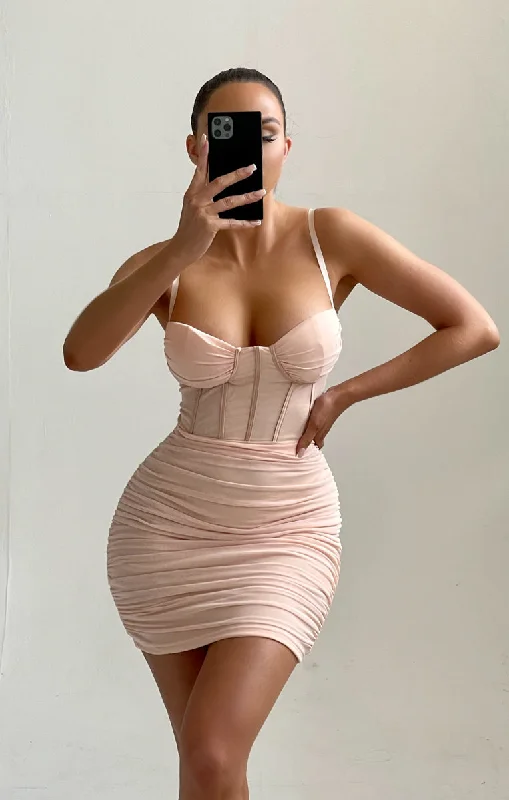 Nude Mesh Ruched Corset Strappy Bodycon Mini Dress - Penny