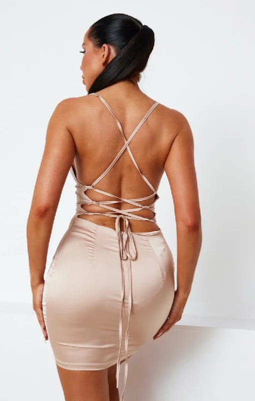 Nude Satin Lace Up Back Strappy Bodycon Mini Dress - Clary