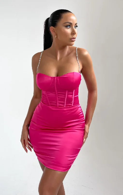 Pink Satin Diamante Straps Bodycon Corset Mini Dress - Orla