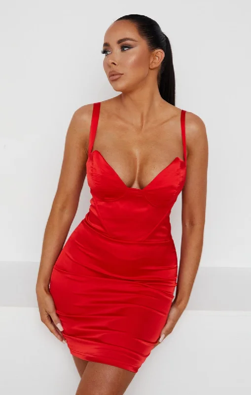 Red Satin Shaped Cup Mini Dress - Amalia