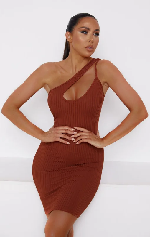 Chocolate Ribbed One Shoulder Cut Out Bodycon Mini Dress - Lucia