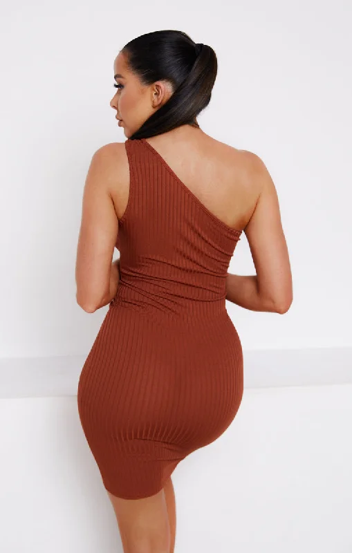 Chocolate Ribbed One Shoulder Cut Out Bodycon Mini Dress - Lucia