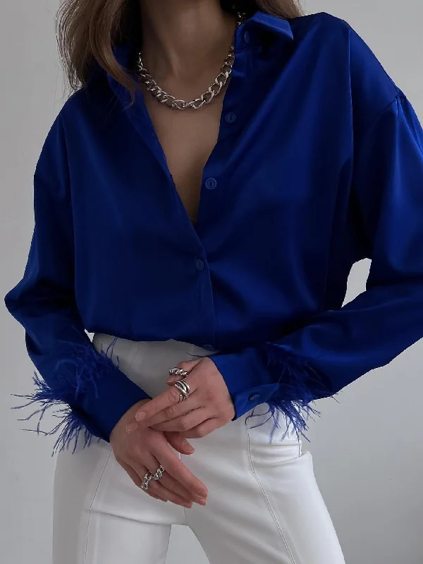 Satin Feather Fur Sleeves Shirt