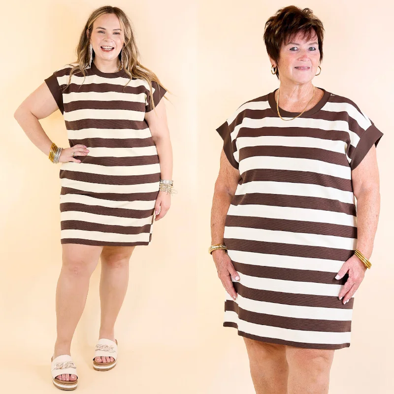 Stripe it Simple Striped Dress with Cap Sleeves in Brown and Cream