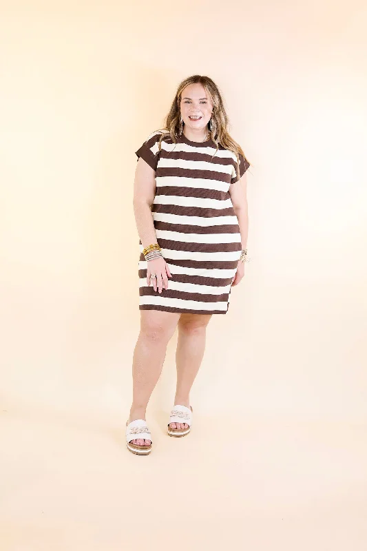 Stripe it Simple Striped Dress with Cap Sleeves in Brown and Cream