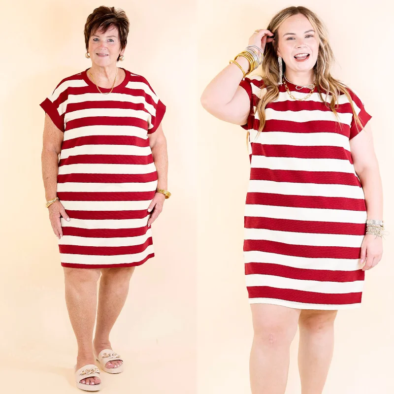 Stripe it Simple Striped Dress with Cap Sleeves in Garnet Red and Cream