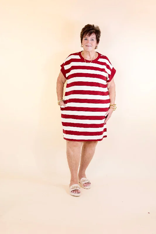 Stripe it Simple Striped Dress with Cap Sleeves in Garnet Red and Cream