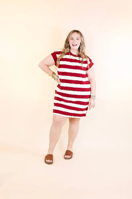 Stripe it Simple Striped Dress with Cap Sleeves in Garnet Red and Cream