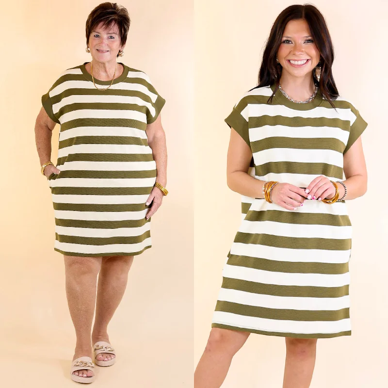 Stripe it Simple Striped Dress with Cap Sleeves in Olive Green and Cream