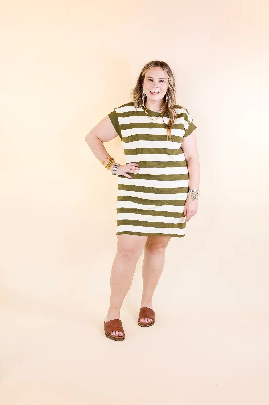 Stripe it Simple Striped Dress with Cap Sleeves in Olive Green and Cream