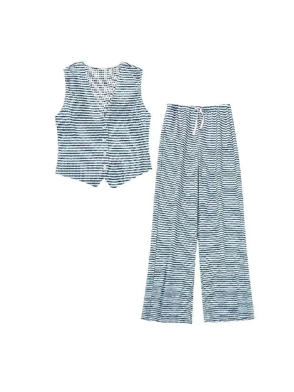 Stripe Knitted Vest Waist Coat & Pants Coord Set