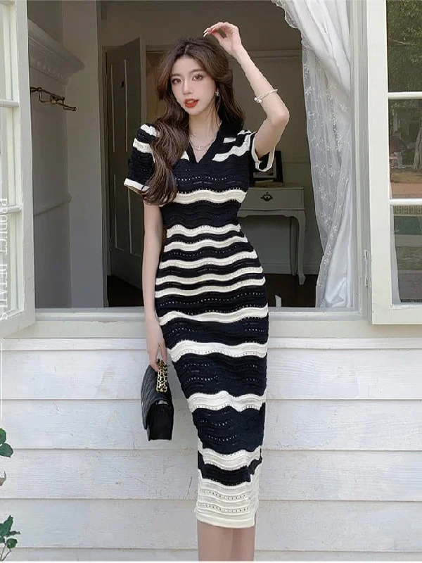 Stripped Knitted Short Sleeve Dress