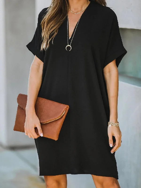 V-neck Short Sleeve Solid Color Loose Dress