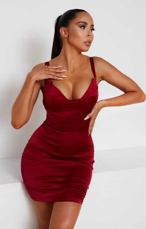 Wine Satin Shaped Cup Mini Dress - Amalia