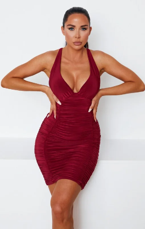 Wine Slinky Ruched Plunge Bodycon Mini Dress - Azaria