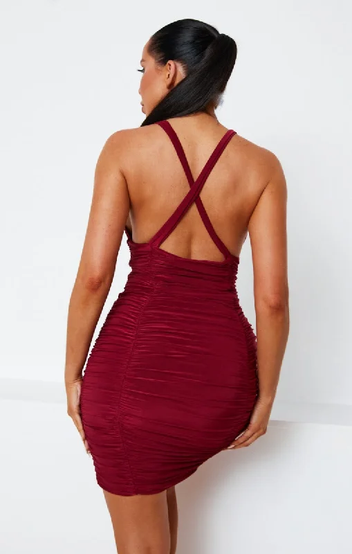 Wine Slinky Ruched Plunge Bodycon Mini Dress - Azaria