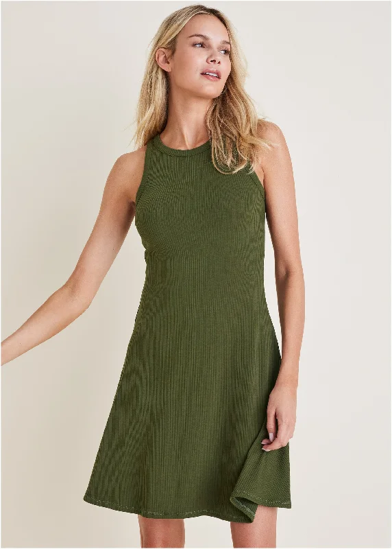 Ribbed fit and flare dress - Bronze Green