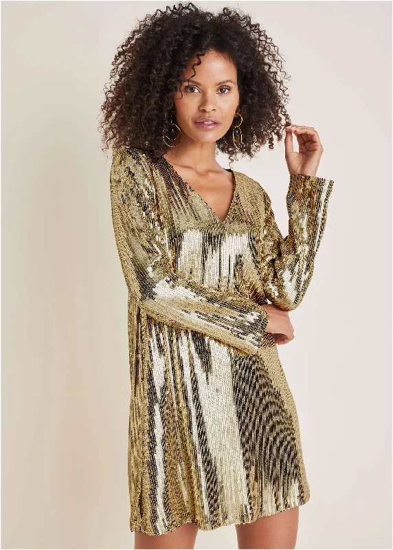 Sequin long-sleeve mini dress - Gold