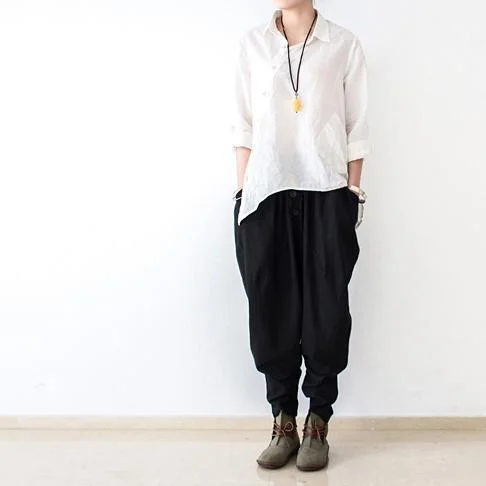 Black Stylish Linen Pants Oversized Cotton Pants