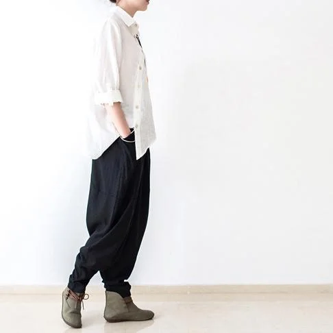 Black Stylish Linen Pants Oversized Cotton Pants