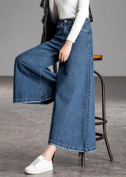 Bohemian Blue High Waist Pockets Wide Leg Fall Denim Pants