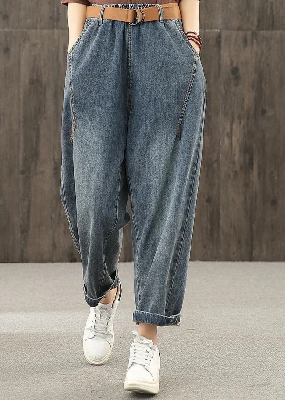 Bright line decoration retro washed denim autumn new casual trousers