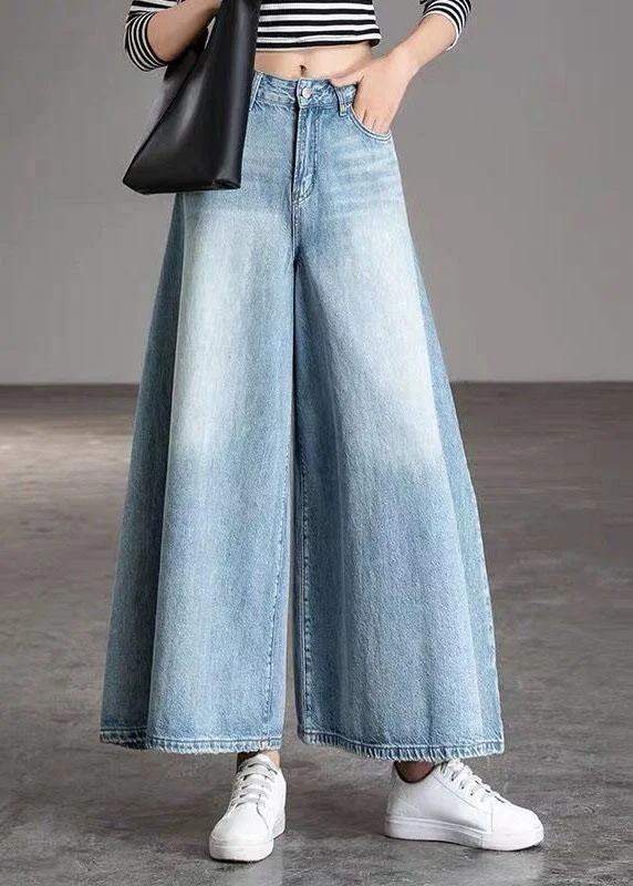 DIY Light Blue fashion Pockets Casual Wide Leg Fall Denim Pants